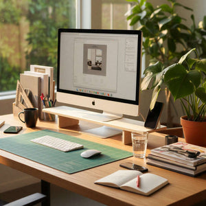 Home office desk with monitor stand, computer, books, and plants