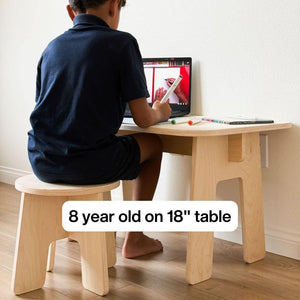 Child using DIY kids table and chair for arts and homework, promoting creativity and functionality in play.