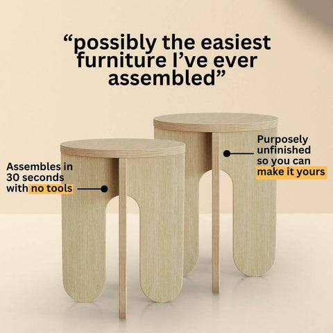 Unfinished side tables designed for easy assembly without tools, perfect for personal customization.