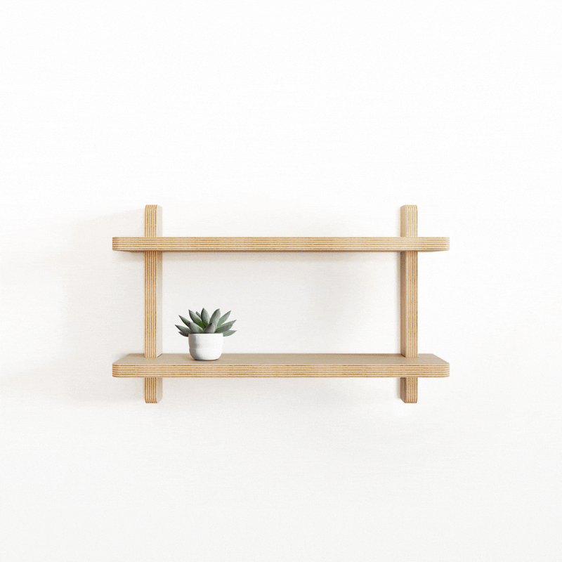 Unfinished wooden wall shelves with a small potted plant, ideal for DIY home decor.