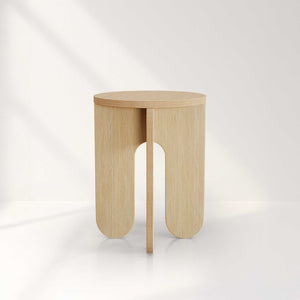 Blemished furniture round wooden side table with unique design and natural finish, showcasing slight imperfections.