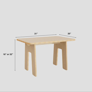 Dimensions of a kids table measuring 31" x 20" with adjustable height of 18" or 22".