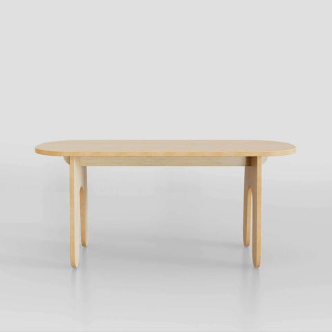 Modern bench with sleek oval design, minimalist aesthetic, natural wood finish, perfect for modern living.