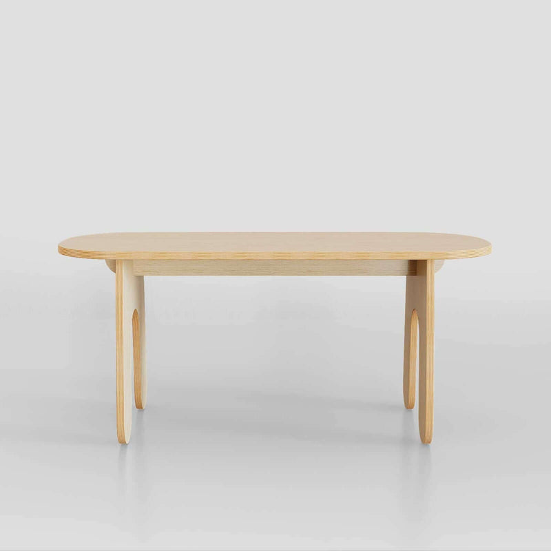 Modern bench with sleek oval design, minimalist aesthetic, natural wood finish, perfect for modern living.