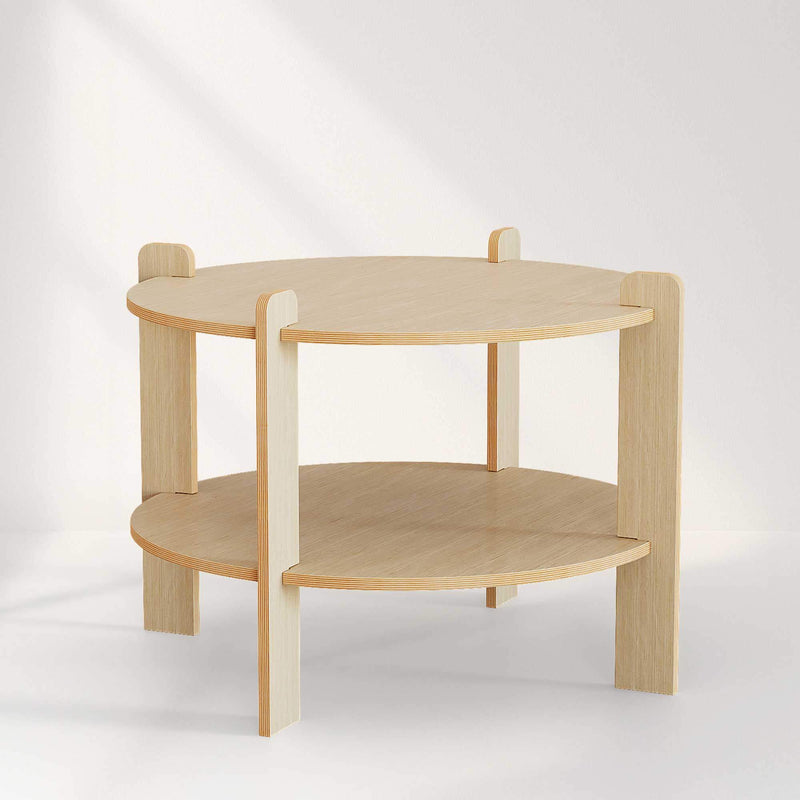 Modern round coffee table with two levels for storage, perfect for enhancing living room decor.