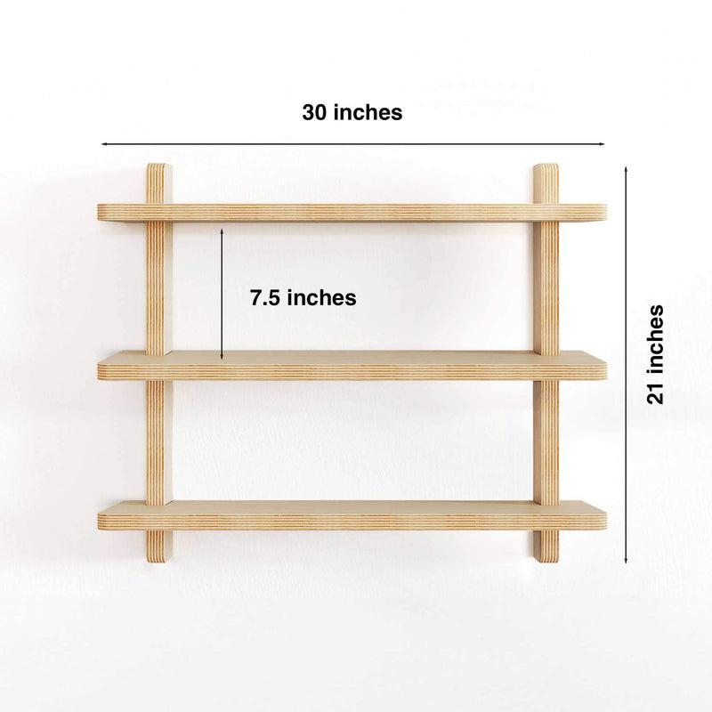 Unfinished wooden wall shelves in a simple three-tier design, perfect for DIY customization and functional home décor.