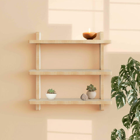 How to Assemble Wall Shelves with a stylish wooden shelf displaying plants and a candle.