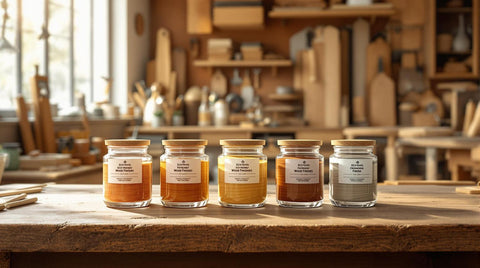 Top 5 Eco-Friendly Wood Finishes for Furniture: jars of natural wood finishes in a woodworking shop.