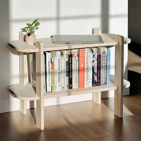 Introducing the Double Modern Shelf: A Versatile Addition to Your Home with books and a laptop on display.