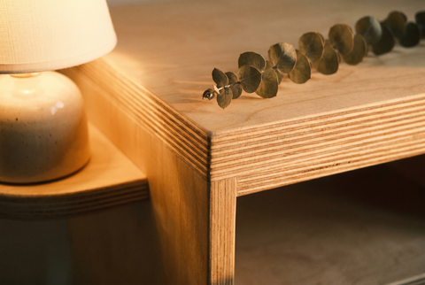 Close-up of the 13-ply Baltic birch edge of the UNFNSHED Modern Nightstand