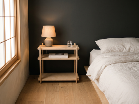 UNFNSHED Modern Nightstand styled as a japandi bedside table