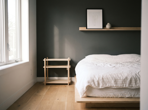 UNFNSHED Modern Nightstand paired with a Baltic birch wall shelf above a low platform bed