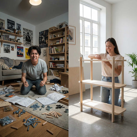 Furniture Assembly Without Tools: The Complete Guide - side by side of frustration and ease in furniture assembly.