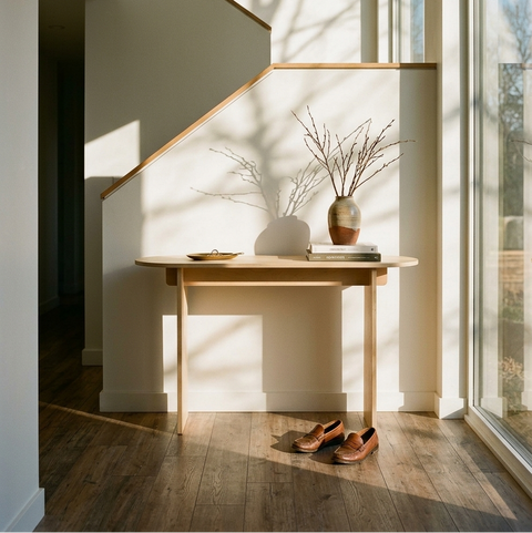 Oval console table in birch plywood against a wall