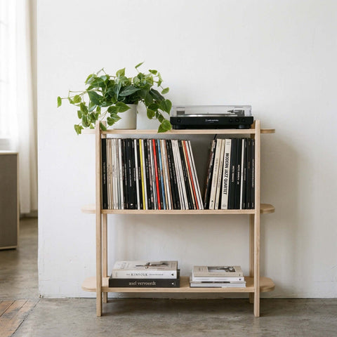 UNFNSHED Modular Shelf configured as a compact vinyl corner with turntable on top