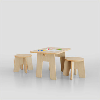 DIY kids table and chairs set in light wood, ideal for arts, crafts, and homework, made from eco-friendly materials.