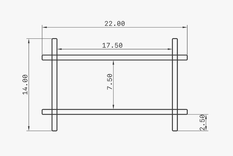 Dimensions diagram of 22-inch wall shelf with labeled measurements for height, width, and depth.