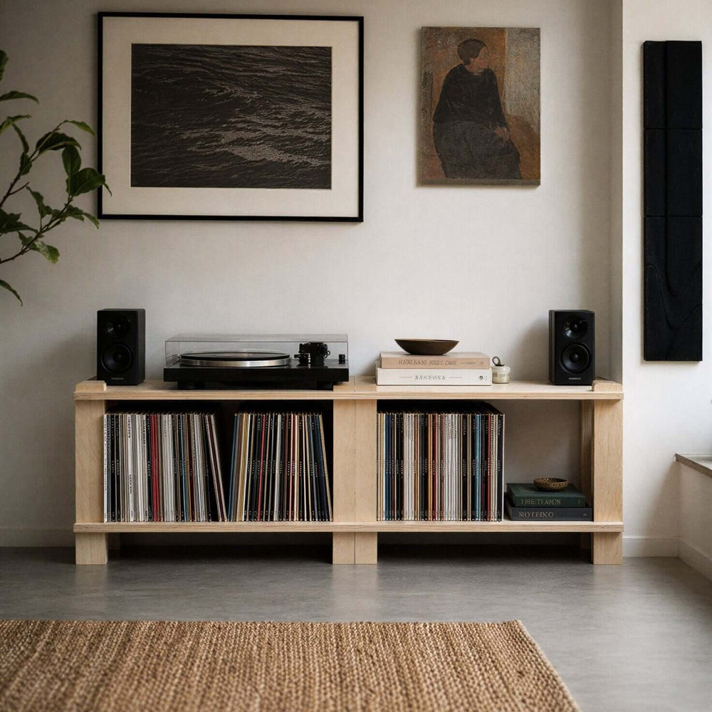 Modular Shelf built out as a low vinyl console with records, a turntable and speakers