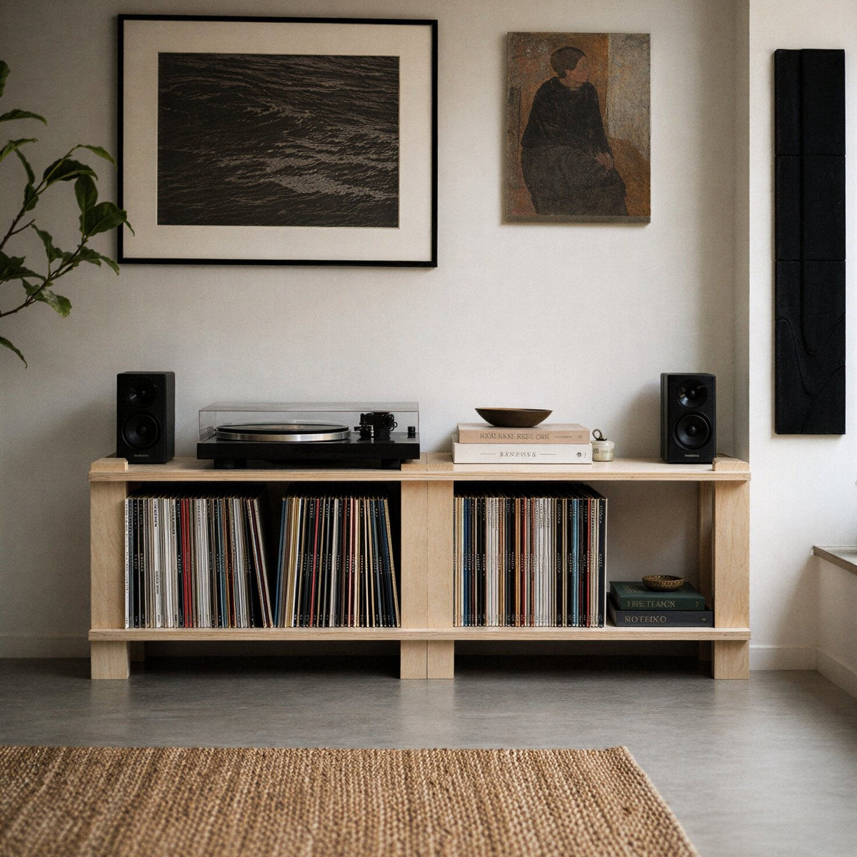 Modular Shelf built out as a low vinyl console with records, a turntable and speakers