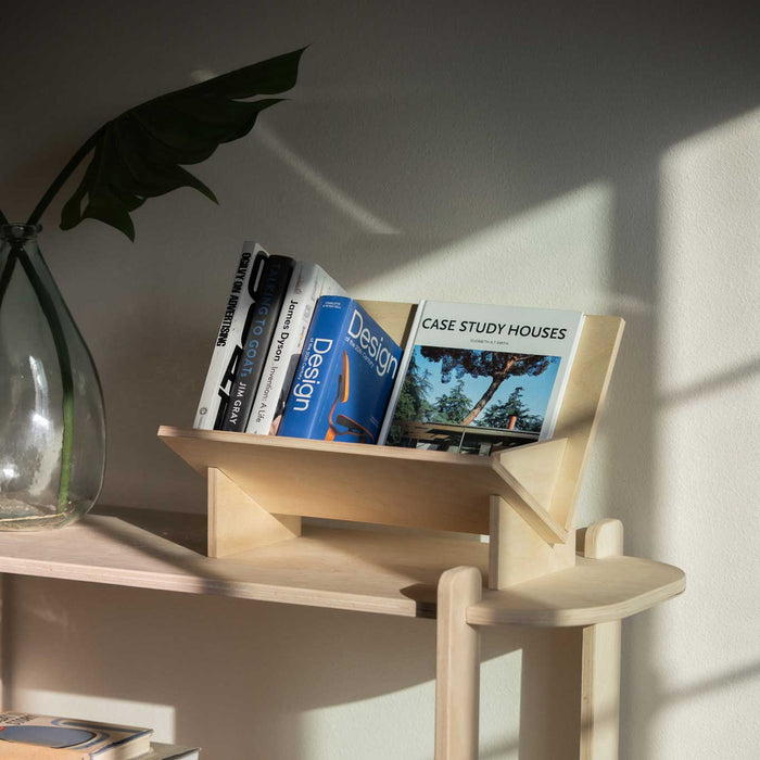 Stylish Book and Vinyl Record Holder displaying design books on a modern wooden shelf with a plant in the background.