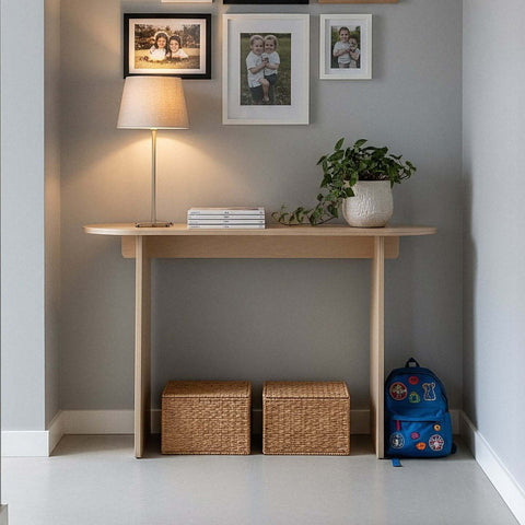 Console table with family pictures