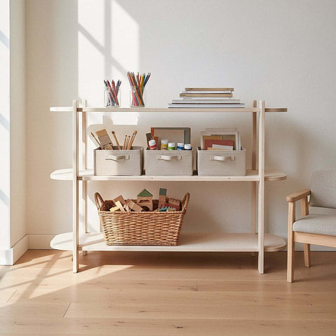 Wooden shelf with books, boxes, and a basket on a wooden floor with a chair in the background.