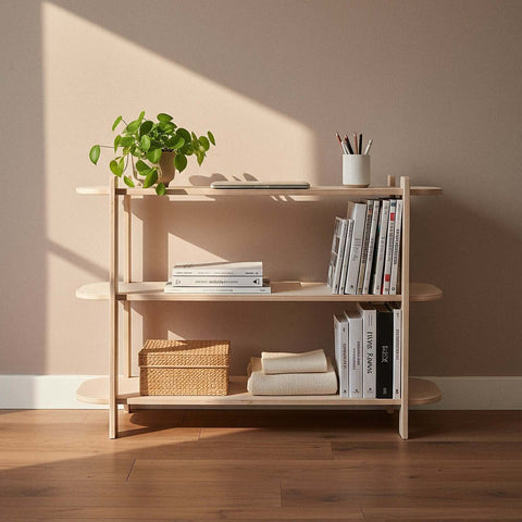 Wooden shelf with books, a plant, and other items against a beige wall.