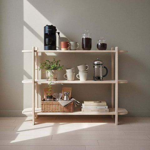 Wooden coffee shelf against a gray wall