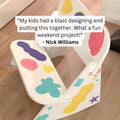 Customizable Mini Rocker kids chair with colorful designs and positive review from parent about a fun weekend project.