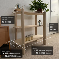 Unfinished Modern Shelf with three tiers, measurements shown, perfect for books, plants, and organization.