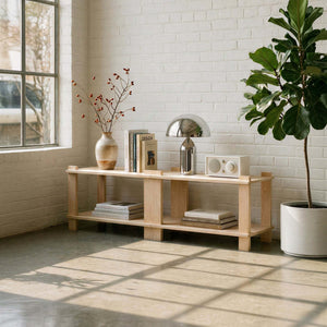 Modern living room with a wooden modular shelf, books, a vase, and a potted plant against a white brick wall.