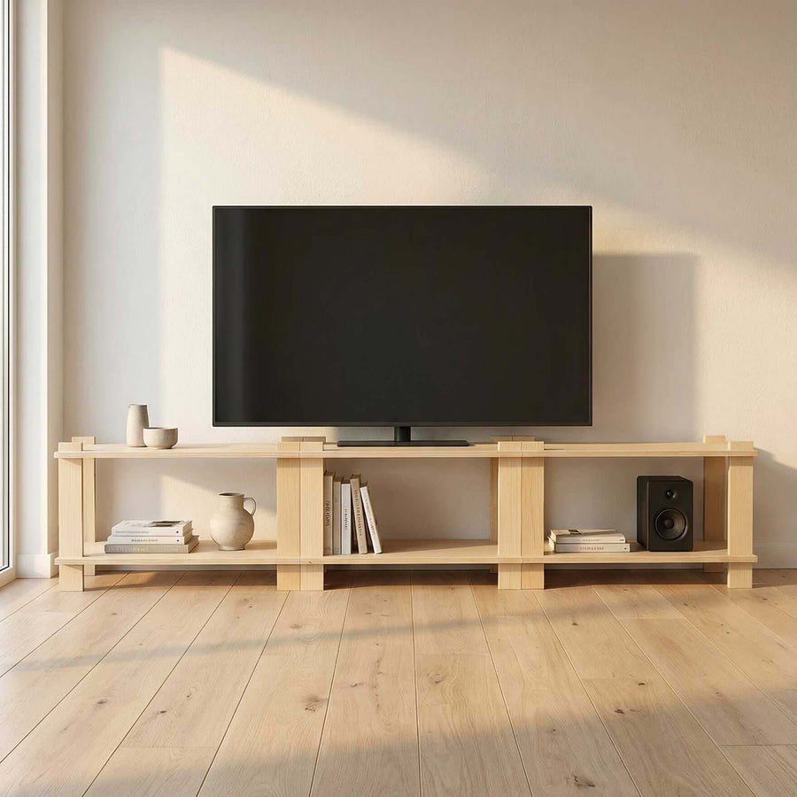 Modular Shelf displayed as a TV stand in a modern living room, showcasing versatility and stylish design.