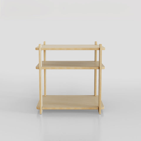 Modern wooden nightstand with open shelving, ideal for stylish bedroom organization.