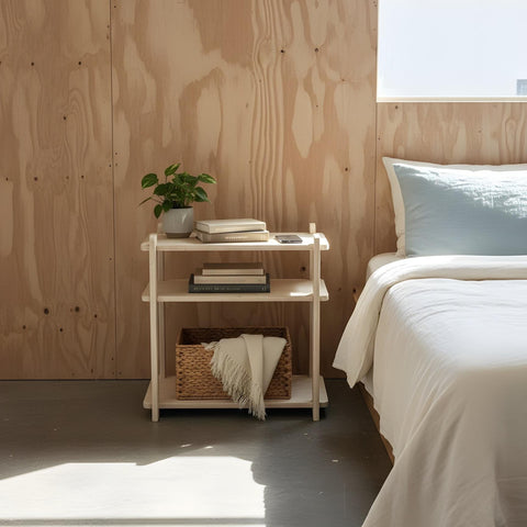 Modern bedroom with wooden wall, bed, and open nightstand with decor items.