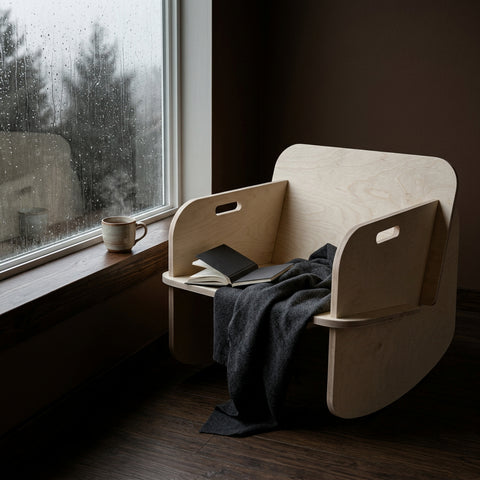 Modern Rocker with a cozy throw and books by a rain-soaked window, showcasing its sleek design.