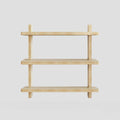 Unfinished wooden wall shelves with three tiers for customizable DIY painting or staining, easy tool-free assembly.