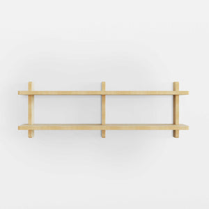 Unfinished double shelf wall unit for DIY customization, ready for painting or staining. Tool-free assembly, 22-inch by 30-inch by 46-inch lengths.