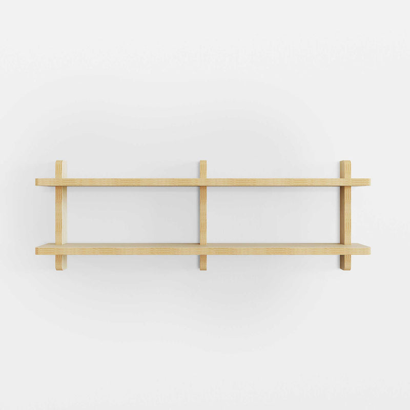 Unfinished double shelf wall unit for DIY customization, ready for painting or staining. Tool-free assembly, 22-inch by 30-inch by 46-inch lengths.