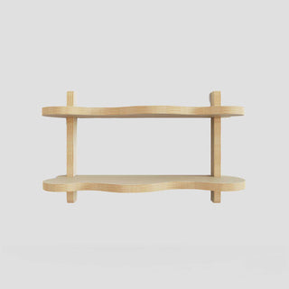 Unfinished wavy wall shelf in natural wood, featuring two curved shelves and easy tool-free assembly.