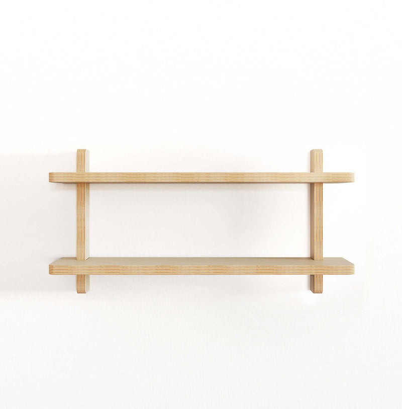 Minimalist unfinished wall shelf with two tiers, easy tool-free assembly, perfect for DIY projects. Customize with paint or stain.