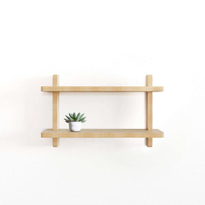 Unfinished wooden wall shelf with small potted plant, ready for painting, staining, or customization, easy tool-free assembly.